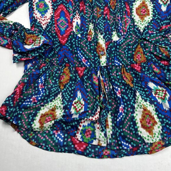 Maeve Anthropologie Topoxte Ikat Tunic Peplum 3/4 Sleeve Boho Vibrant Top 6 FLAW - Picture 2 of 12